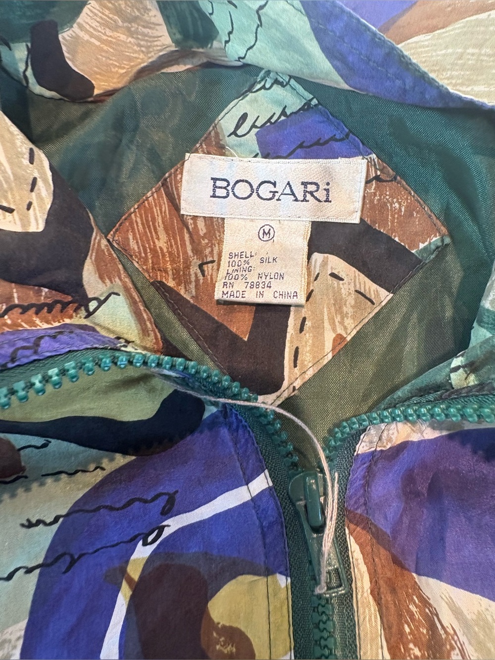 Bogari vintage silk jacket Medium Abstract Blue Green Bomber Style 100% Silk Zip